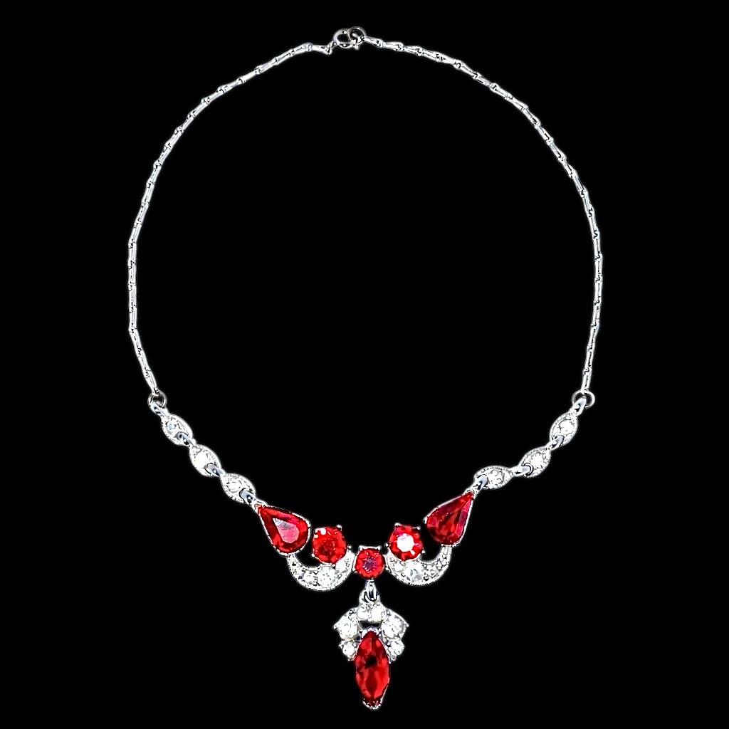 Rare Vintage Bogoff Red Rhinestone Necklace | Mid-Century Glam